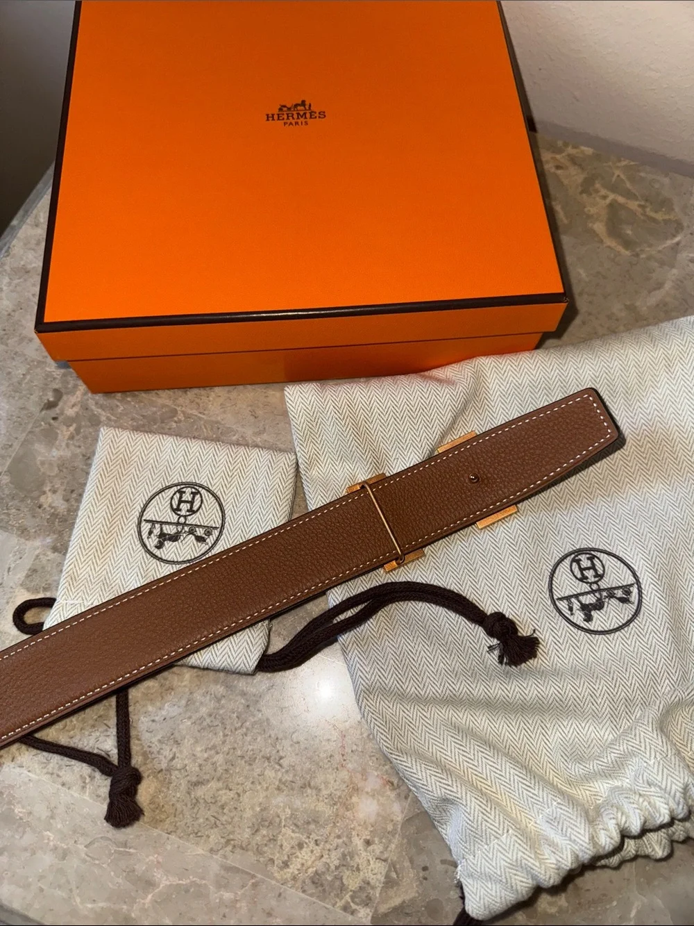 Hermes Black and Brown Reversible Leather Belt with H Buckle